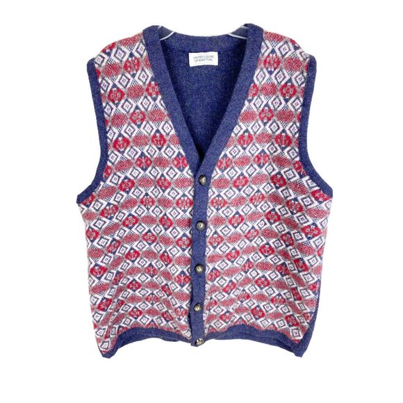 Vtg Colors of Benetton XL ? see Pic) Grandpa Vest Shetland Wool Italy Nordic EUC